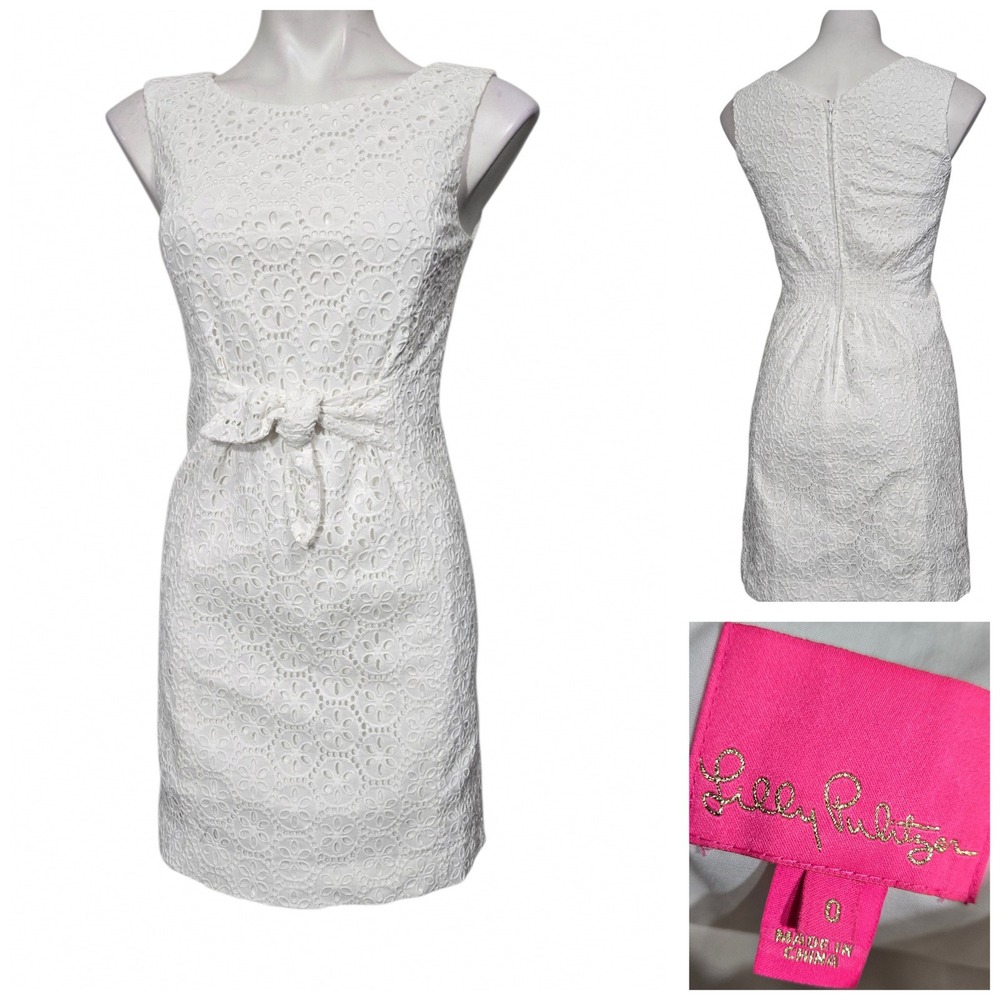 Lilly Pulitzer White Eyelet Sleeveless Tie Waist Sheath Dress Size 0 cotton